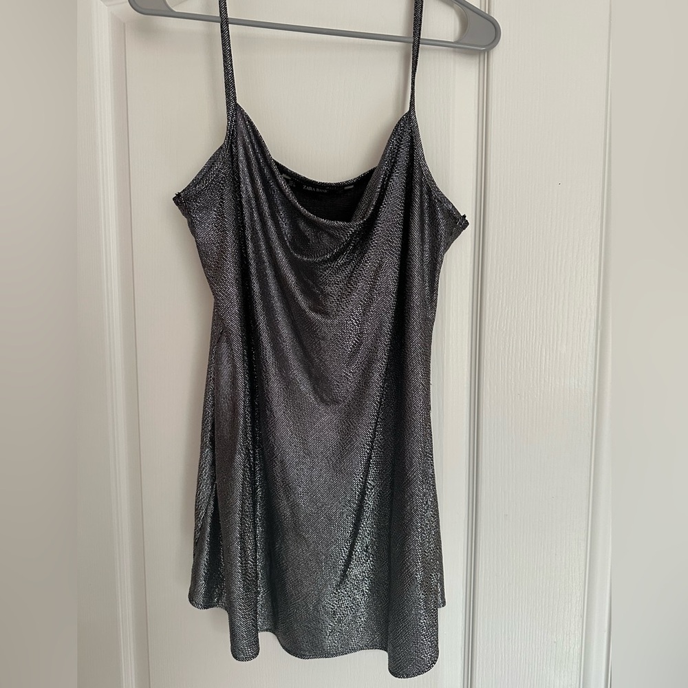 Zara Basic Metallic Cowl Neck Mini Slip Dress - Size L
